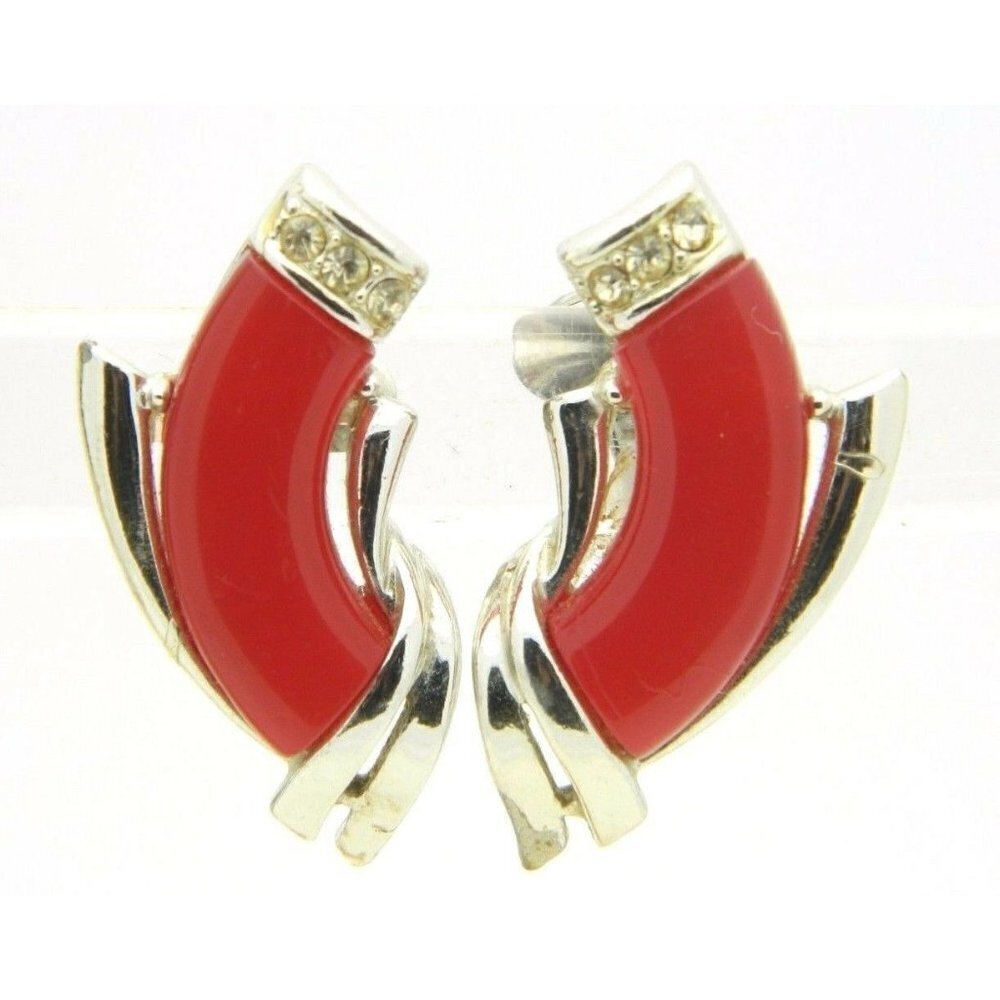 CORO Silver Tone Red Lucite Moonglow Rhinestone